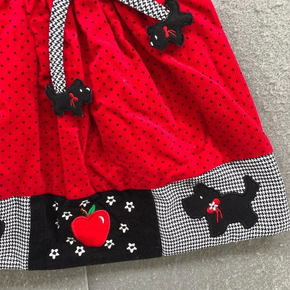 Vintage Girls 12-18M Holiday Pinafore Dress Red Corduroy Christmas‎ Embroidered